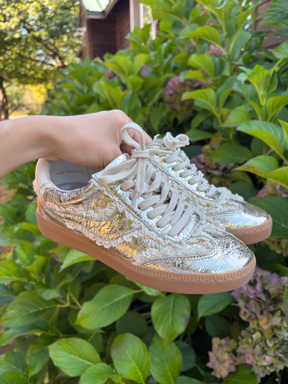 Dolce Vita Metallic Silver Crinkled Sneakers with Lace Accents